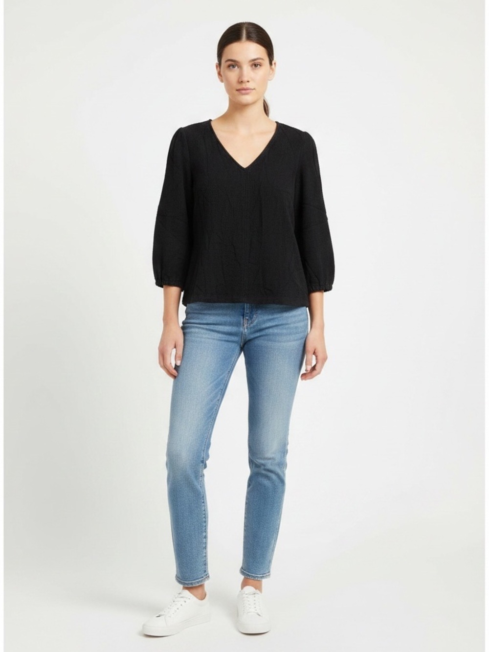 Madewell | LIKE NEW black textured cotton v-neck balloon sleeves blouse small